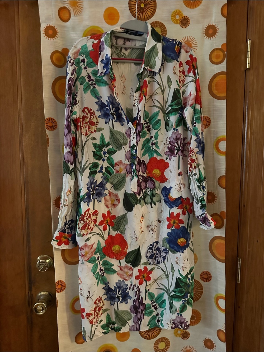 Zara White Floral Long-Sleeve Shirt Dress with Multi-Color Blooms